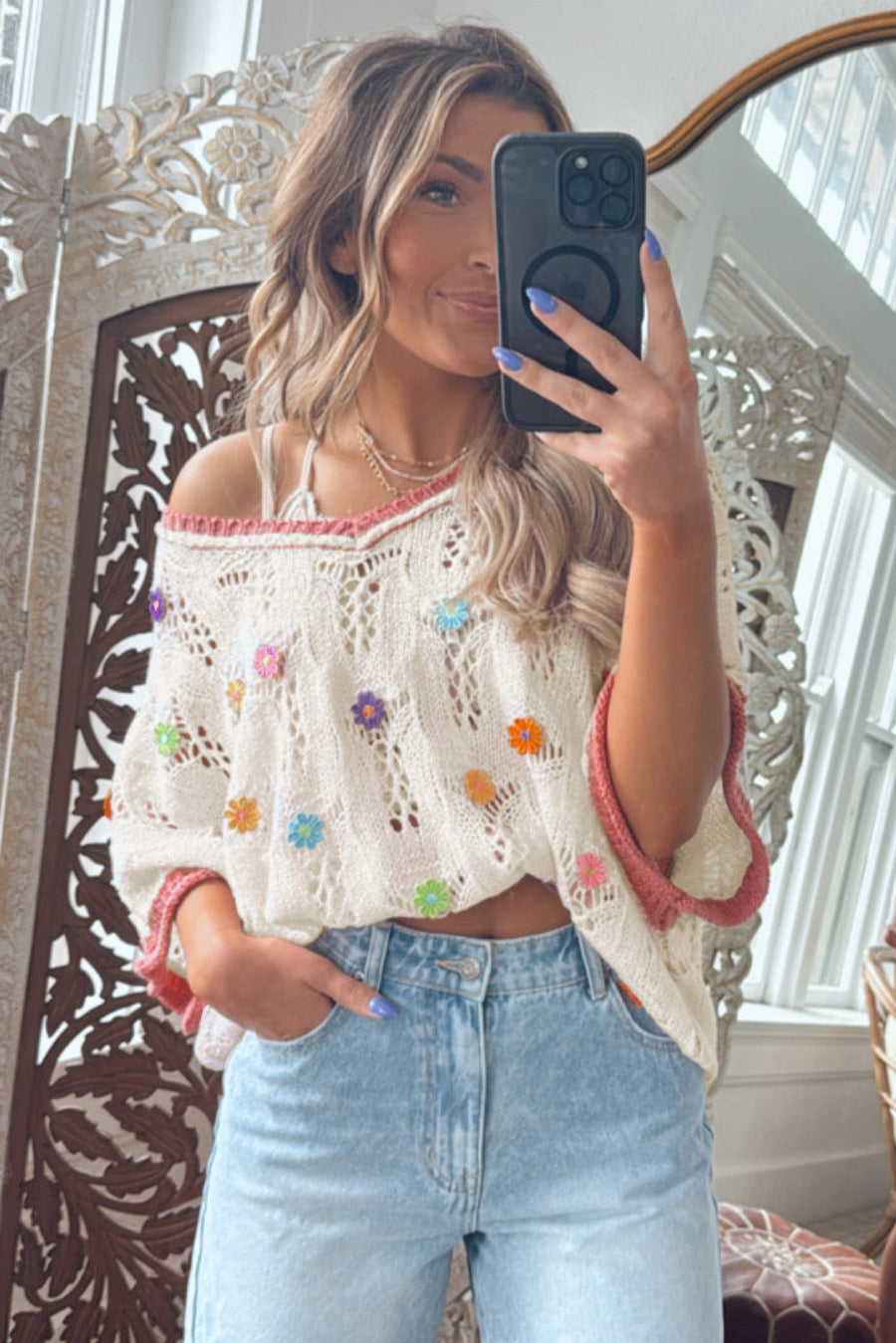 Ivory Floral Crochet Contrast Trim Knit Sweater