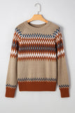 Khaki Geometric Print Colorblock Crew Neck Sweater