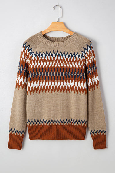 Khaki Geometric Print Colorblock Crew Neck Sweater