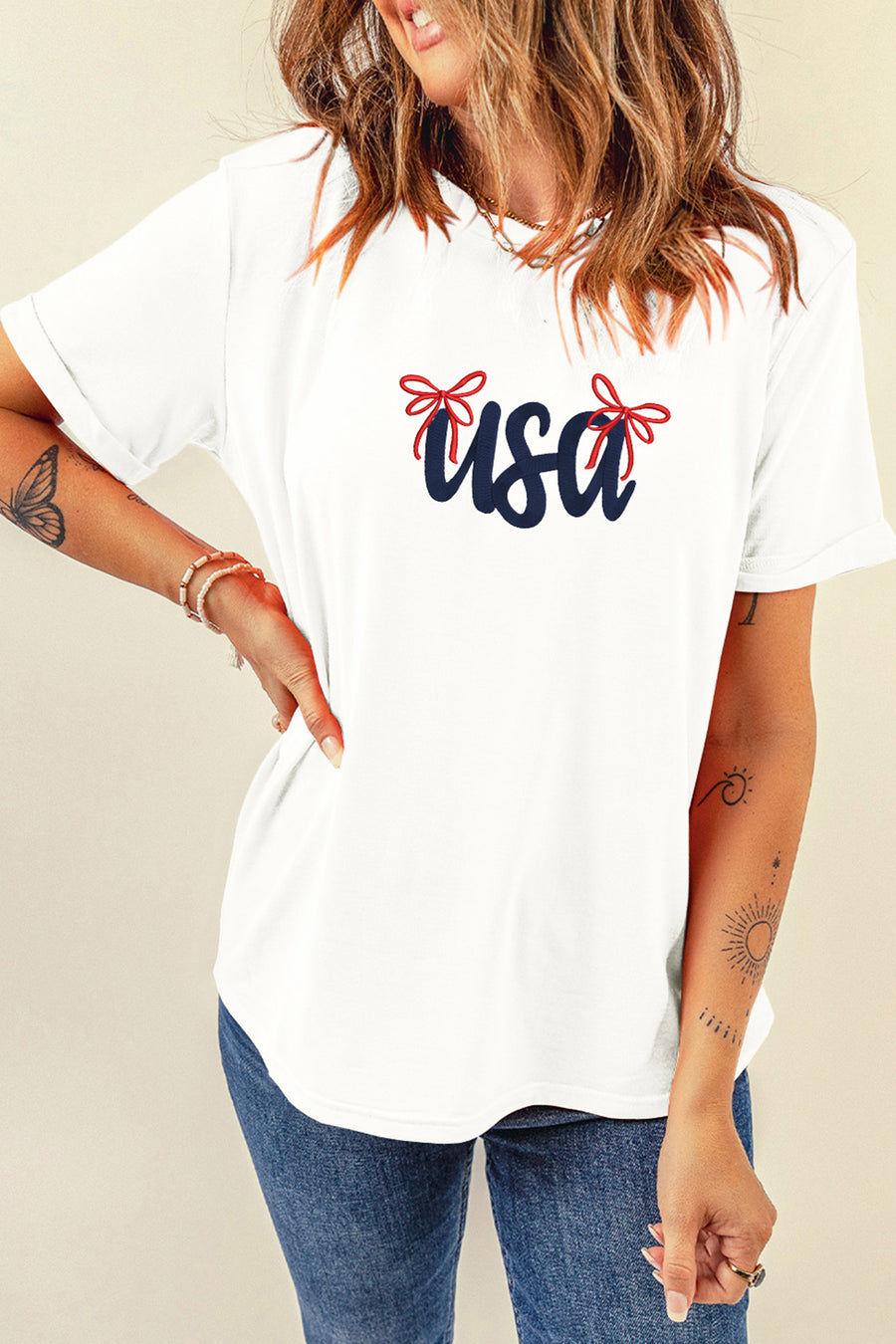 White USA Lettering Bow Embroidered T-Shirt