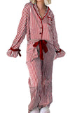 Red Striped Velvet Trim Long Sleeve Button-Up Top and Pants Pajama Set