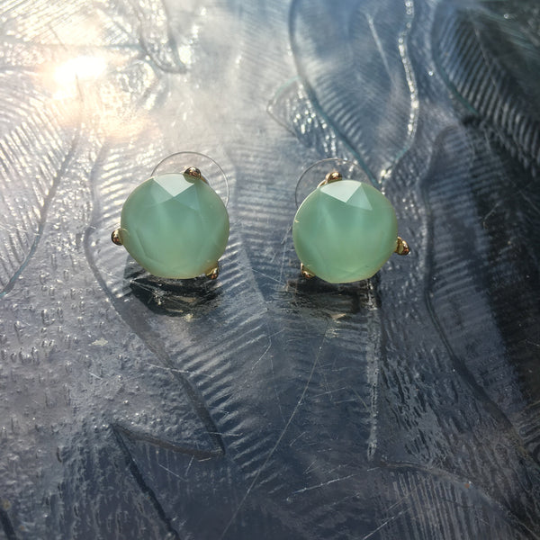 Gold Tone Round Stone Post Earrings- Mint Green