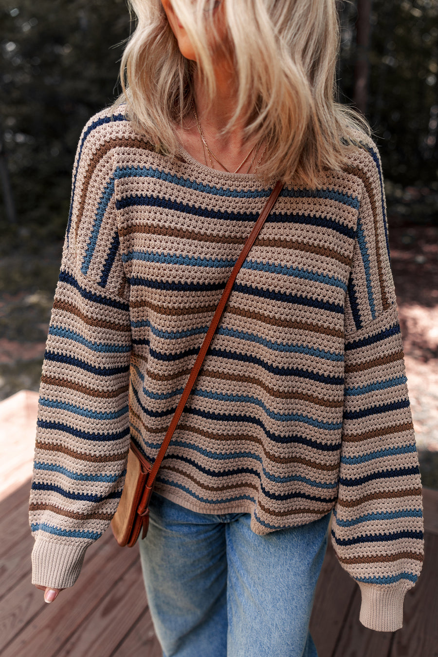 Tan Multi Openwork Striped Knit Drop Shoulder Crew Neck Sweater