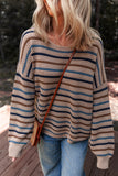 Tan Multi Openwork Striped Knit Drop Shoulder Crew Neck Sweater