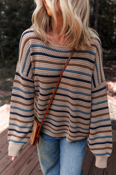 Multicolour Striped Knitted Drop Shoulder Crew Neck Sweater