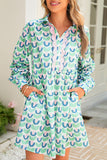 Mint Floral Print Scallop Trim Long Sleeve Mini Dress with Pockets