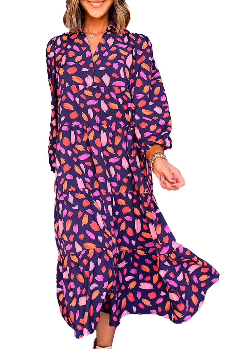 Purple and Orange Multi Floral Print Collared Tiered Flowy Long Sleeve Maxi Dress- 2 Colors