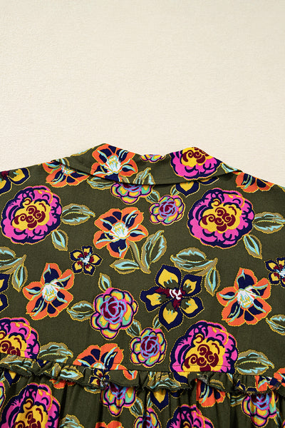 Green Floral Print Split Neck Bubble Sleeve Mini Dress