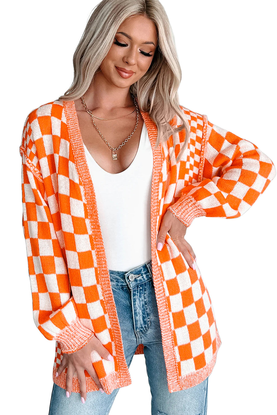 Black Checkered Open Front Drop Shoulder Cardigan