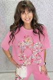 Pink Floral Patched Exposed Seam Oversized T-Shirt- 2 Colors