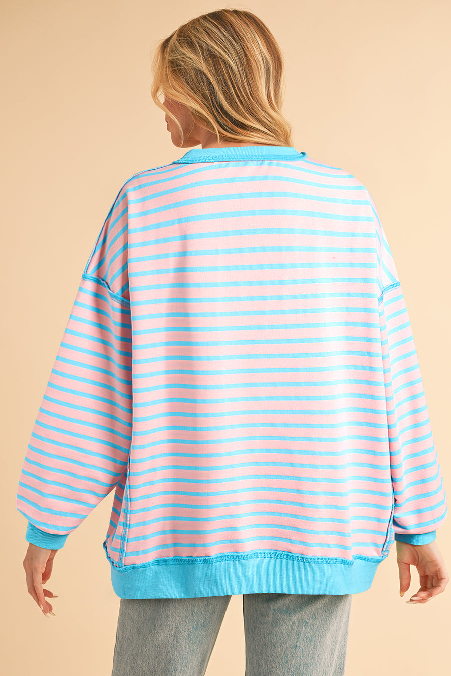 Pink & Turquoise Striped Contrast Trim High-Low Tunic Sweatshirt