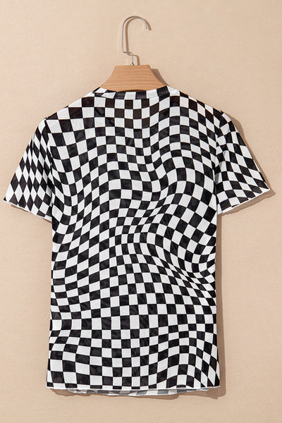 Black Checker Mesh Crew Neck T Shirt