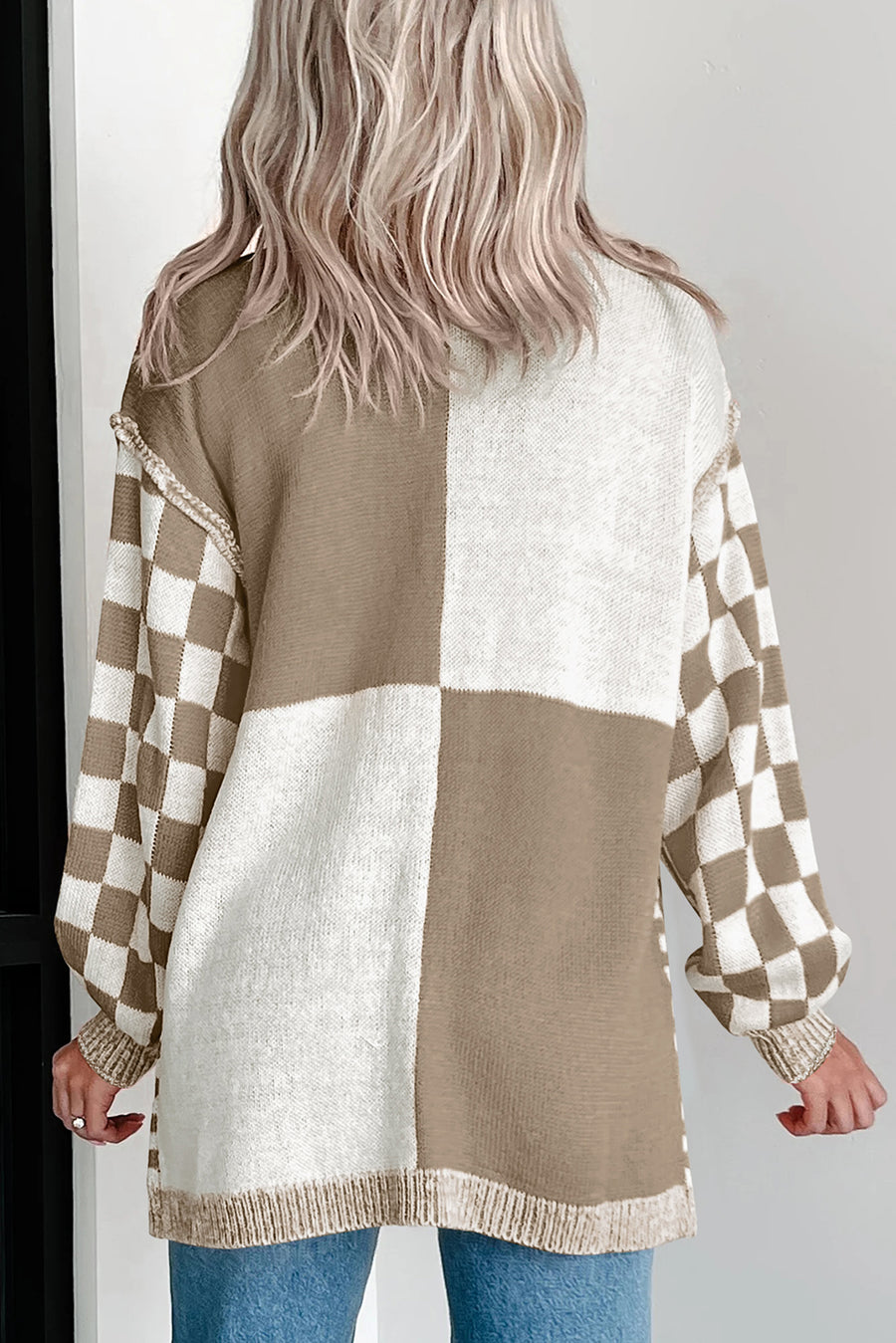 Black Checkered Open Front Drop Shoulder Cardigan