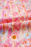 Pink Poppy Floral Striped Color Block Trim V-Neck Ruffled Short Sleeve Blouse