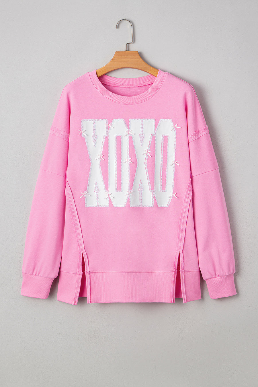 Bow & Sequin XOXO Exposed Seam Slit Hem Baggy Sweatshirt- 3 Colors