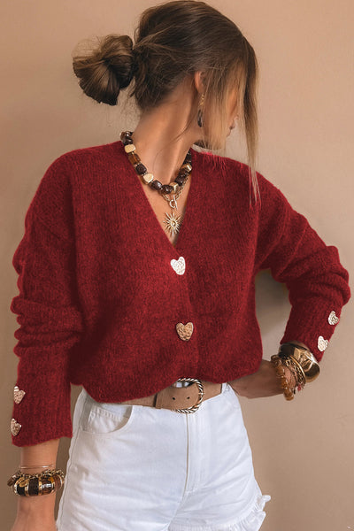 Red Heart Metal Button V-Neck Cardigan