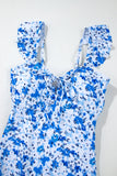 Blue Multi Floral Ruffled Strap Lace-Up Keyhole One-Piece Swimsuit B