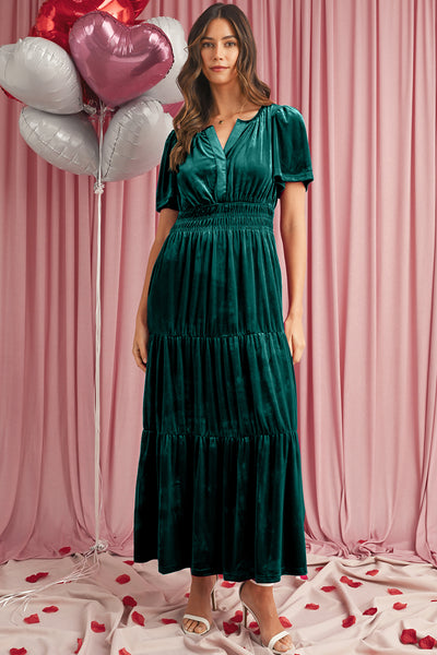 Velvet Puff Short Sleeve Smocked Waist Tiered Maxi Dress- 3 Colors