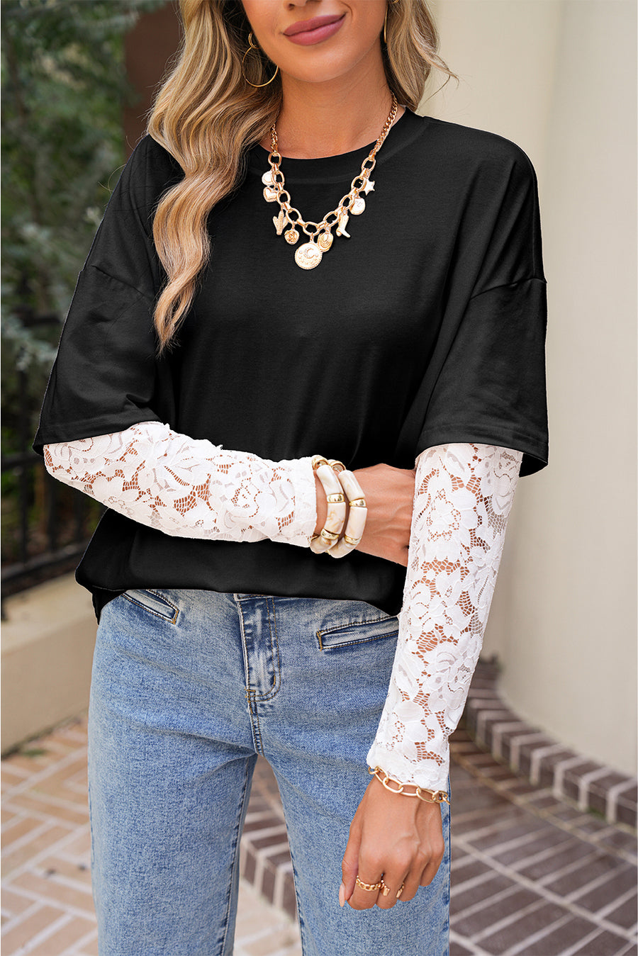Lace Long Sleeve Drop Shoulder T-Shirt- 2 Colors