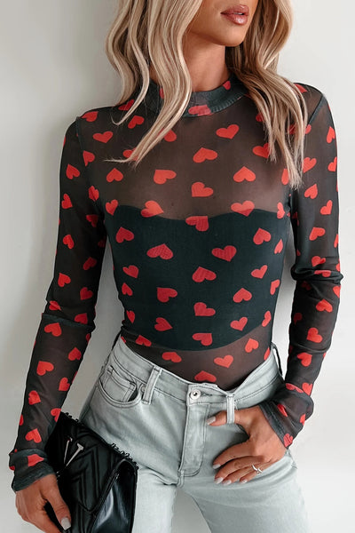 Heart Printed Sheer Mesh Long Sleeve Top- 2 Colors
