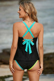 Black Floral Textured Neon Trim V-Neck Criss-Cross Tankini