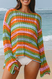 Openwork Side Slit Crew Neck Striped Cover-Up B- 2 Colors