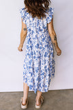 Blue Floral Ruffled Short Sleeve Tiered Midi Dress