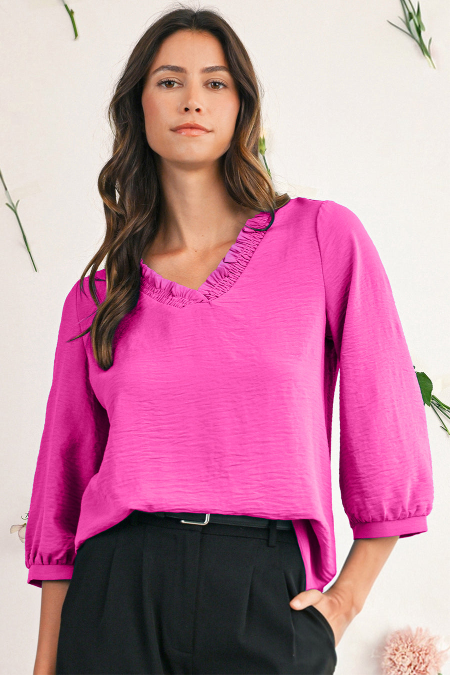 Frill V-Neck Lantern Sleeve Crinkled Blouse- 3 Colors