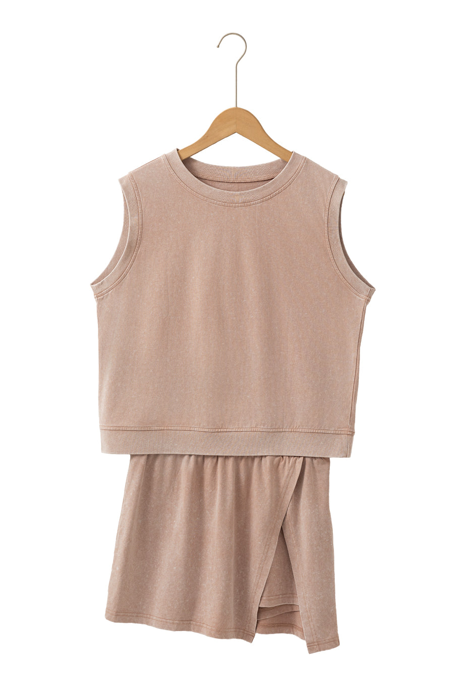 Yellow Cream Solid Color Washed Sleeveless Top Split Skort Cotton 2pcs Outfit
