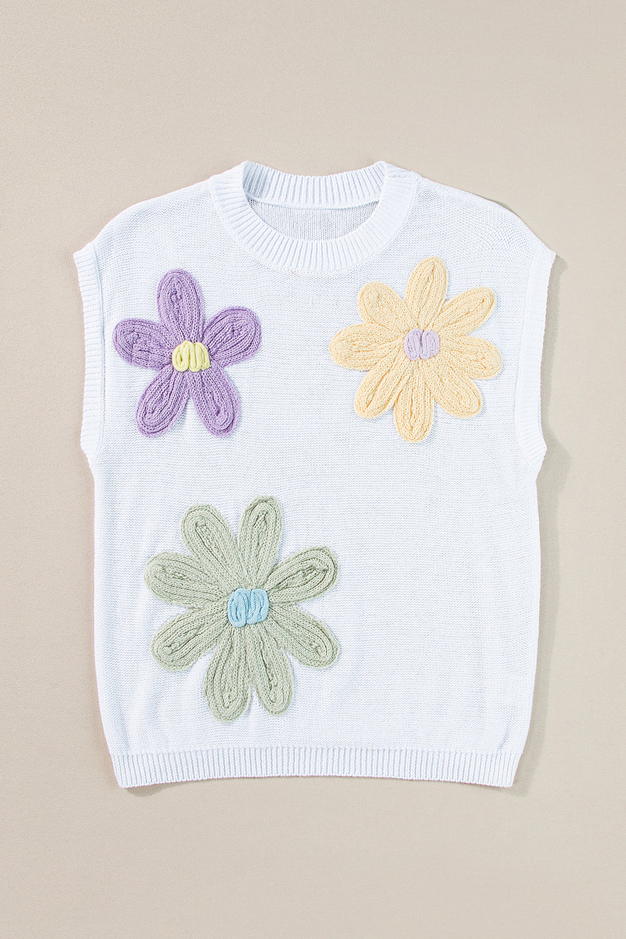 Flower Patch Knit Crew Neck Short Sleeve Sweater- 2 Colors