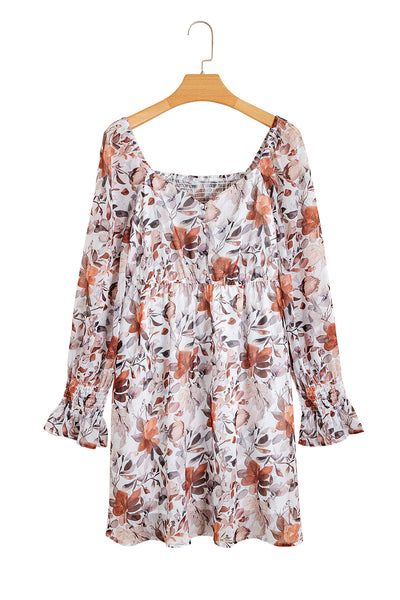 White Floral Print Sweetheart Neck High Waist Mini Dress