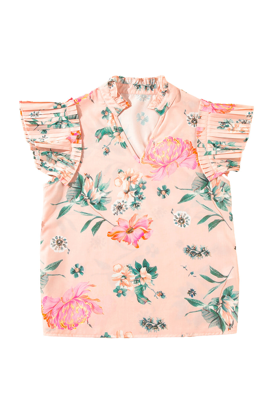 Apricot Floral Frill V-Neck Pleated Short Sleeve Blouse