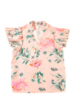 Apricot Floral Frill V-Neck Pleated Short Sleeve Blouse