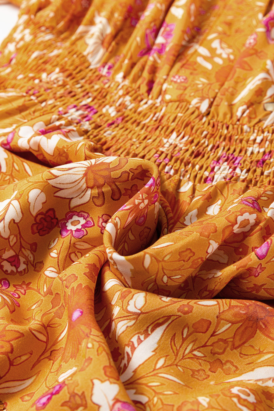 Orange Bohemian Floral Print Smocked Waist Long Sleeve Maxi Dress