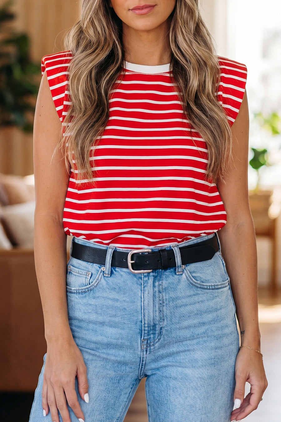 Striped Ribbed Crew Neck Muscle Tee- 2 Colors