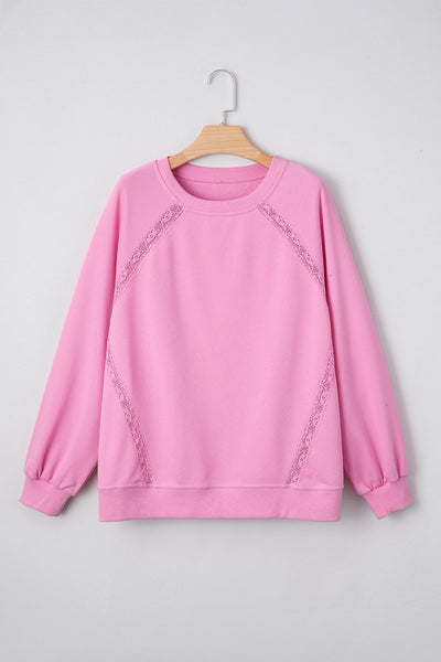 Bright Pink Lace Patchwork Raglan Sleeve Loose Fit Sweatshirt