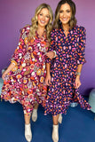 Purple and Orange Multi Floral Print Collared Tiered Flowy Long Sleeve Maxi Dress- 2 Colors