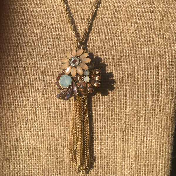 Burnished Gold Tone Rhinestone & Tassel Floral Pendant Necklace- Peach & White Opal