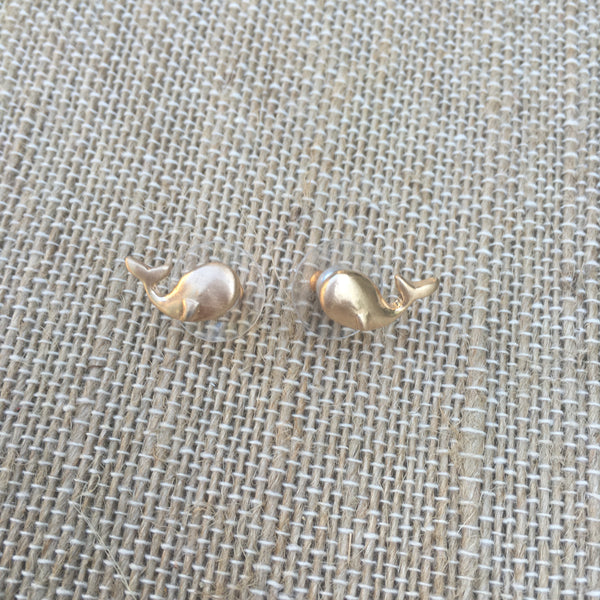 Matte Gold Tone Post Earrings- Whale