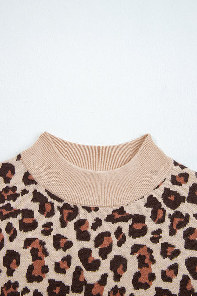 Khaki Leopard Print High Neck Shift Mini Sweater Dress