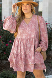 Plus Size Peach Floral Surplice V-Neck Long Sleeve Tiered Ruffle Mini Dress
