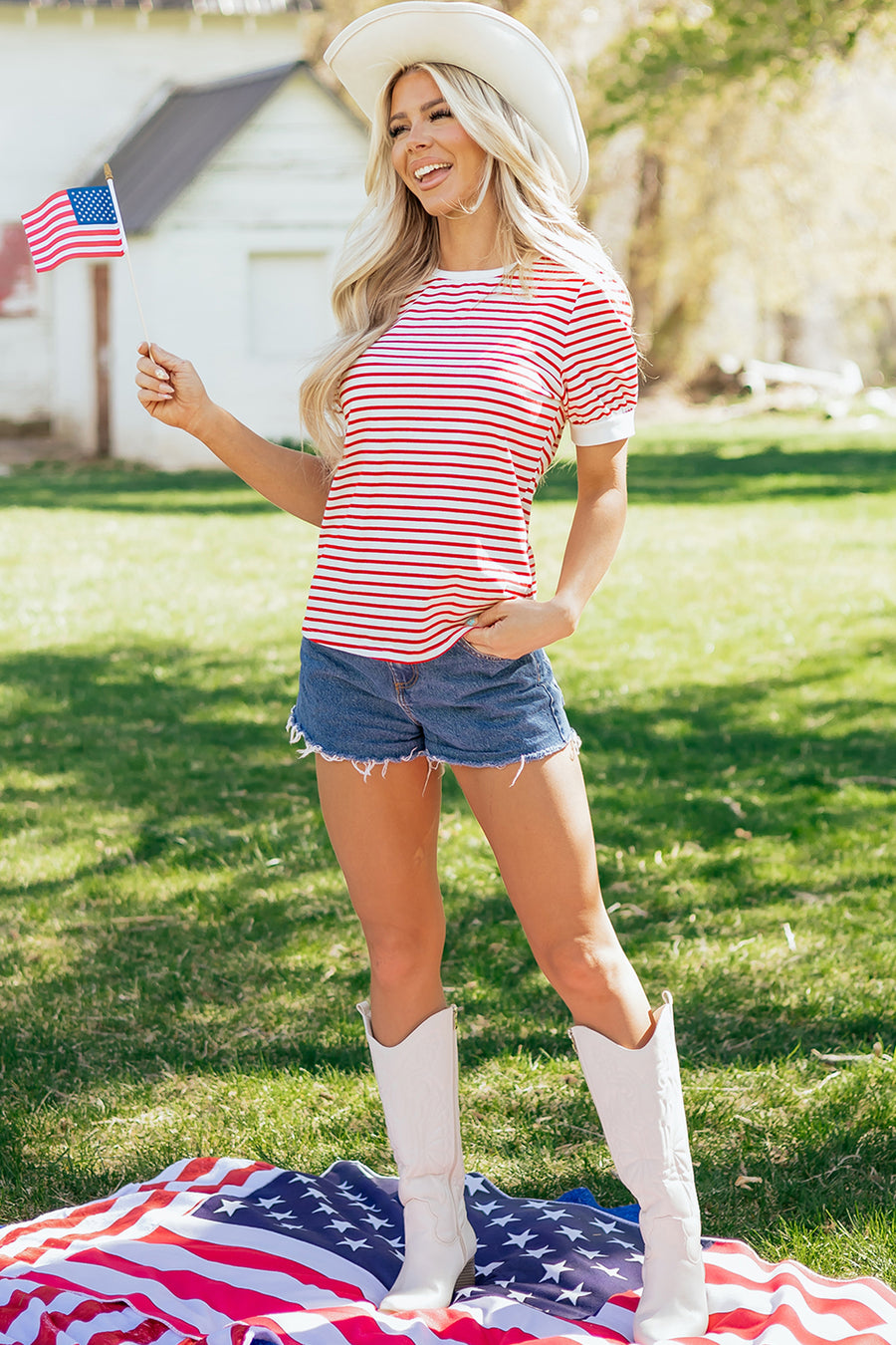 Red Striped Contrast Trim Crew Neck Short Puff Sleeve T-Shirt