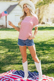 Red Striped Contrast Trim Crew Neck Short Puff Sleeve T-Shirt