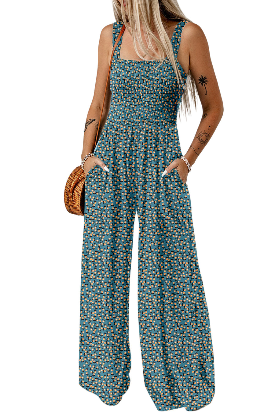 Floral Square Neck Stretch High-Waist Jumpsuit- 3 Colors