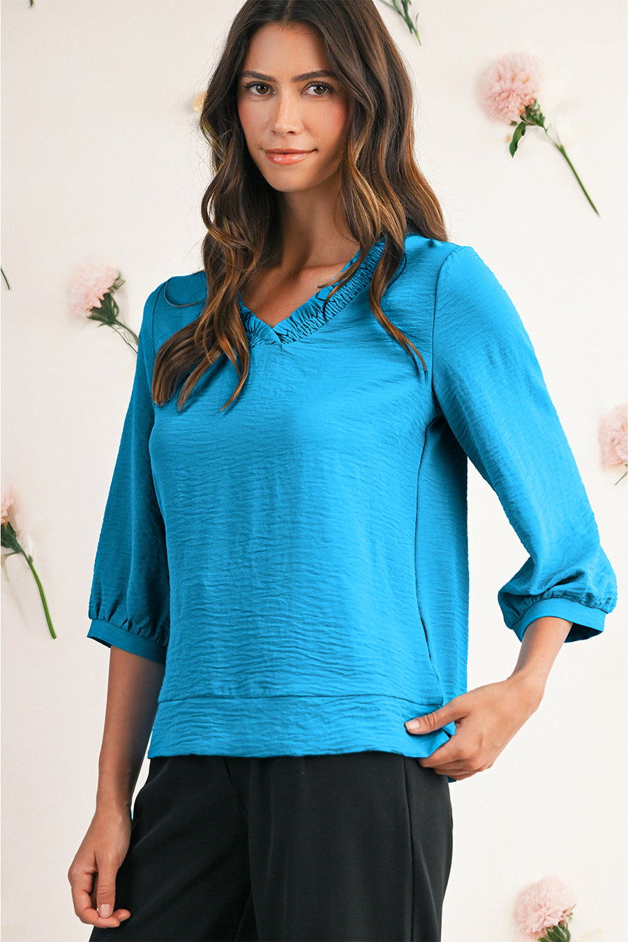 Frill V-Neck Lantern Sleeve Crinkled Blouse- 3 Colors