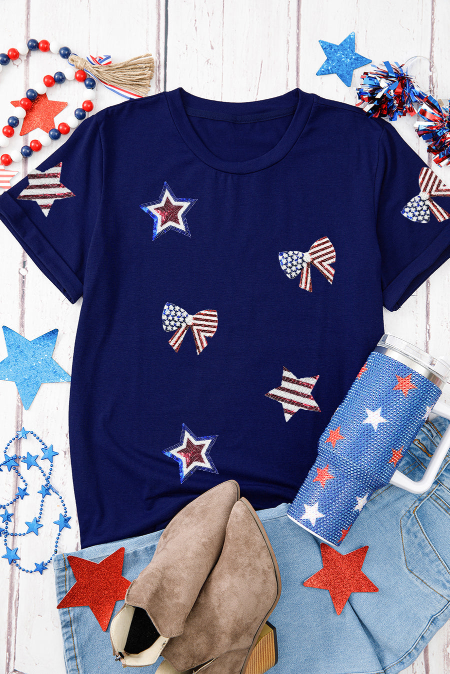 Navy Blue American Flag Bows and Stars Sequin Patches T-Shirt