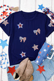 Navy Blue American Flag Bows and Stars Sequin Patches T-Shirt