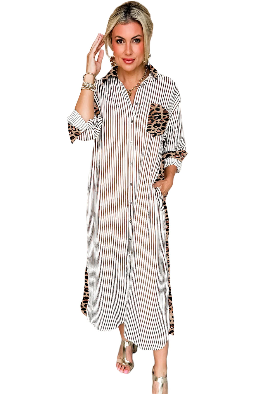 Striped Contrast Trim Leopard Patchwork Long Sleeve Midi Shirt Dress- 2 Colors