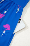 Blue Floral Print Notched Neck Flounce Sleeve Maxi Dress with Pockets- 2 Colors