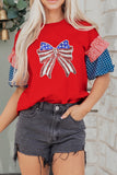 Red American Sequin Bow Contrast Puff Sleeve Blouse